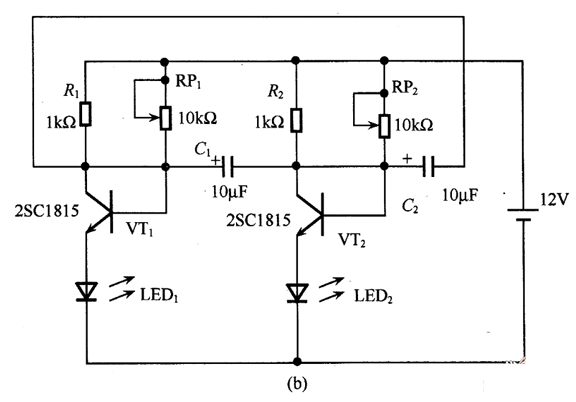 图（b）是采用2个晶体管的LED闪光电路